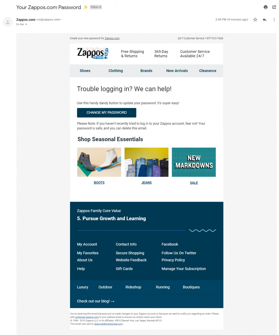 Reset password email by Zappos